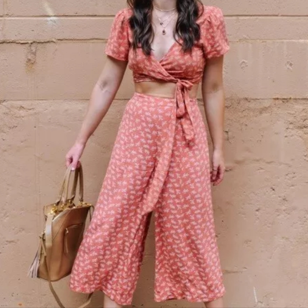 American Eagle 2pc Pants Set Floral Wrap Tie Front Wide Leg Pants Coral Sz Small